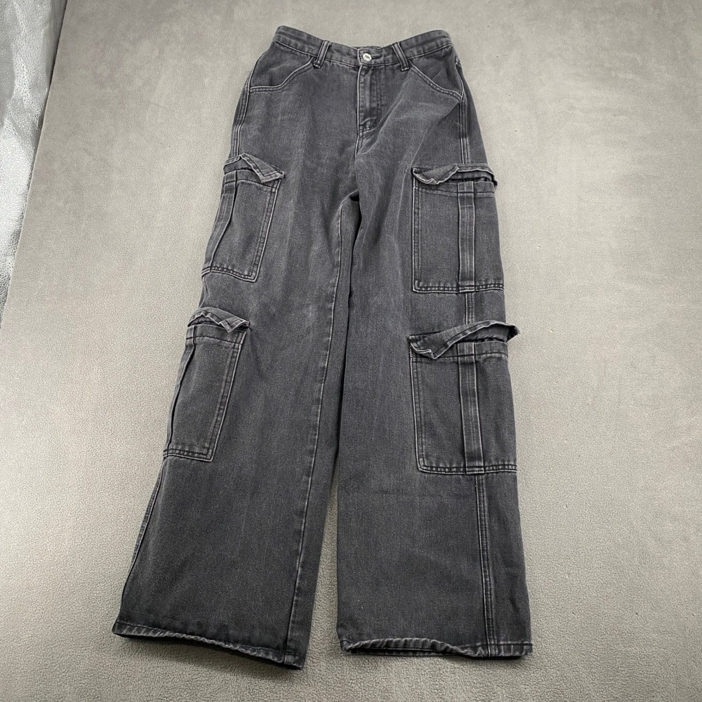 Womens High Rise Wide Leg Cargo Jeans Washed Black Utility Denim Pants 25x31